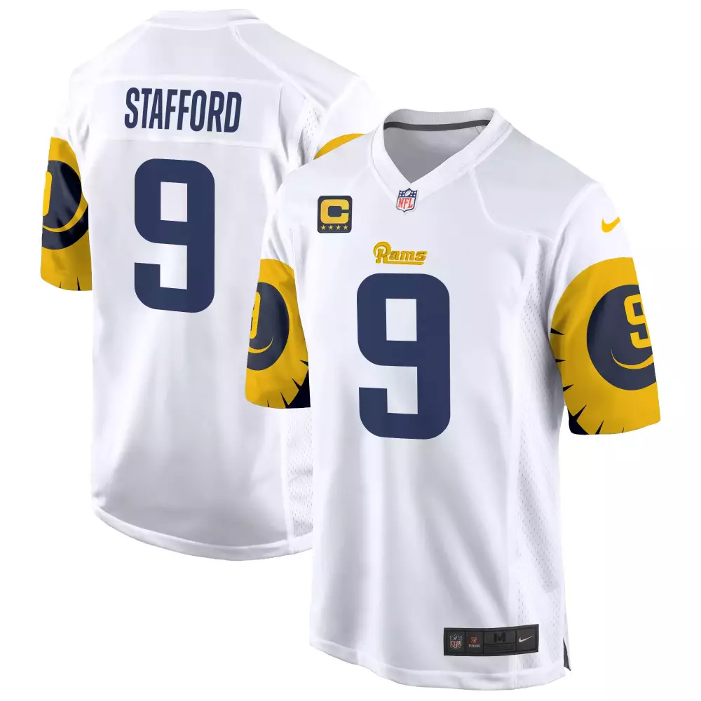 Matthew Stafford 9 Rams Jersey White (captain) Men Authentic Navy Gold Game All Stitched