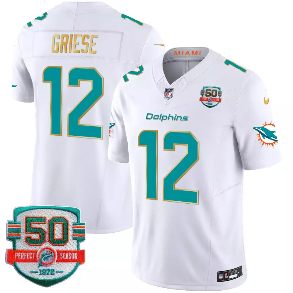 Bob Griese 12 Miami Dolphins Jersey White 50 Perfect Season 1972 Men Teal Orange