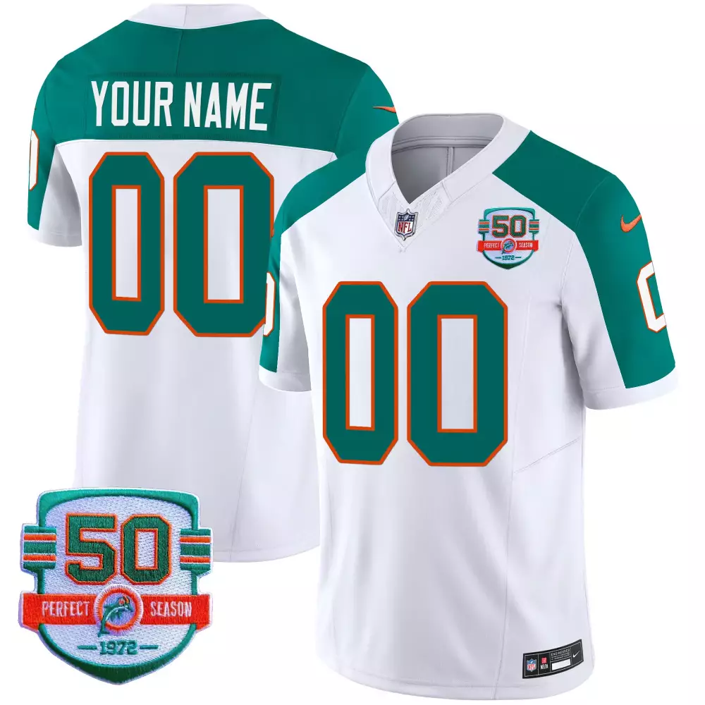 Custom Miami Dolphins Jersey White 50th Perfect Season 1972 Men Teal Orange Throwback