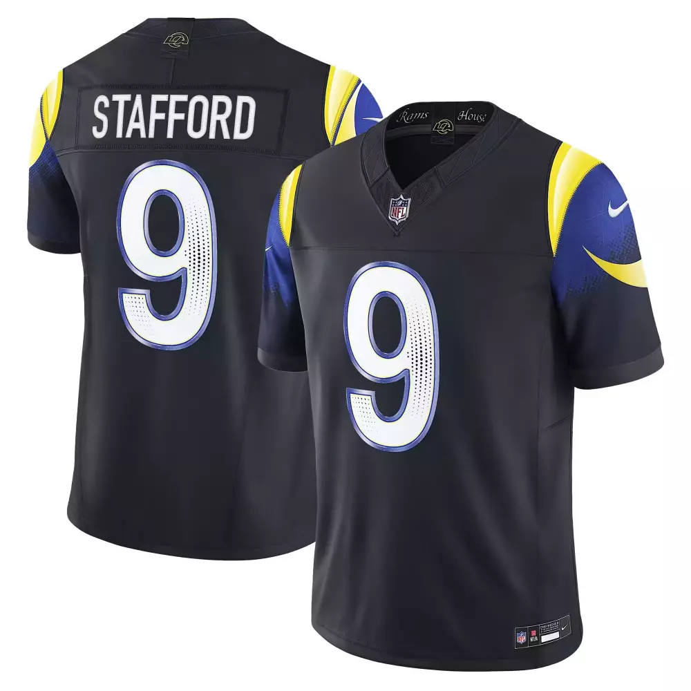Matthew Stafford 9 Rams Jersey Black Men NFL Yellow Blue Vapor Limited All Stitched