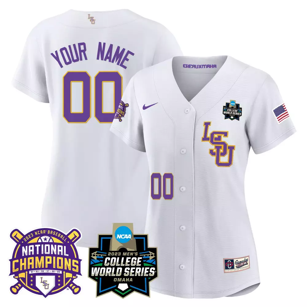 Custom Lsu Jersey White 2023 National Champions Baseball USA Flag Men Purple Gold