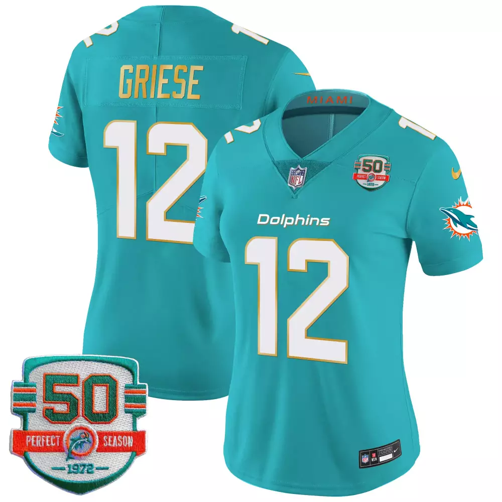Bob Griese 12 Miami Dolphins Jersey Aqua 50th Perfect Season 1972 Women Replica Orange
