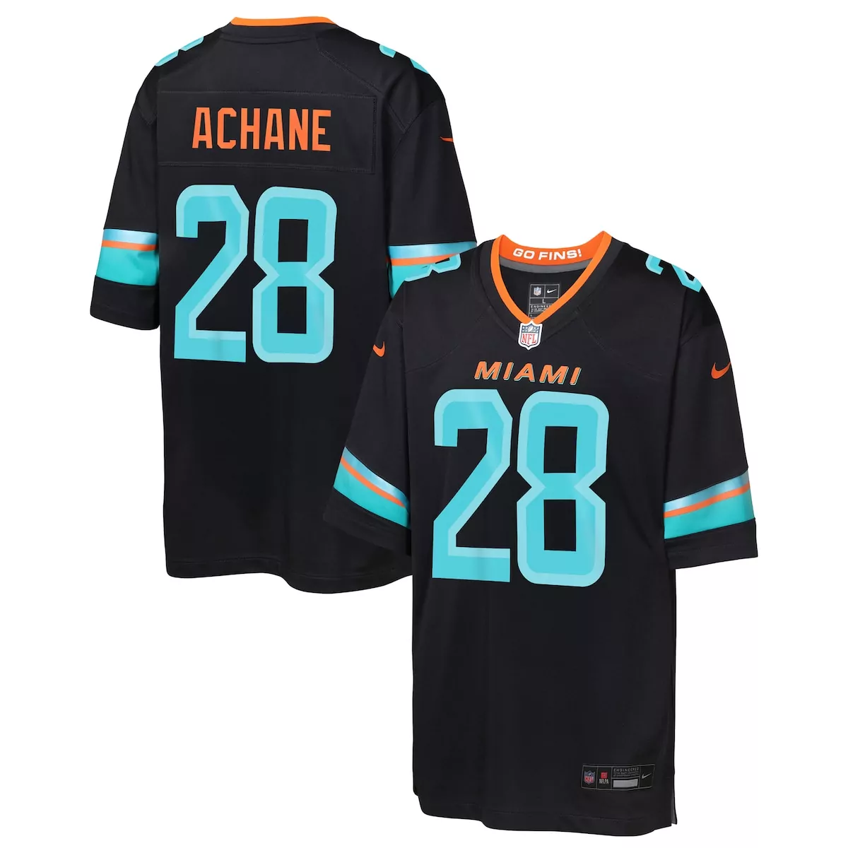 De'von Achane 28 Miami Dolphins Jersey Black Men Replica Aqua Orange Collection Game