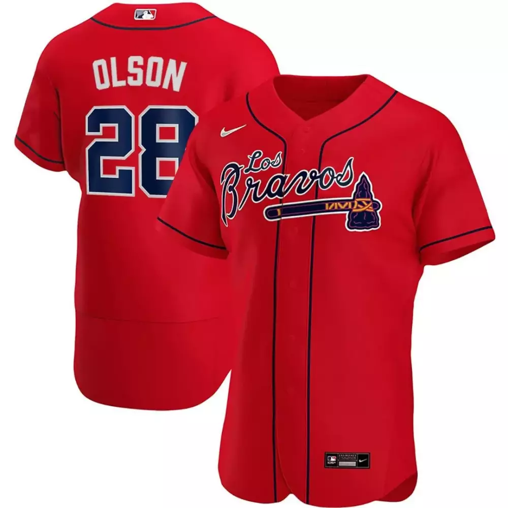 Olson Los 28 Atlanta Braves Jersey Red Men Navy Blue All Stitched