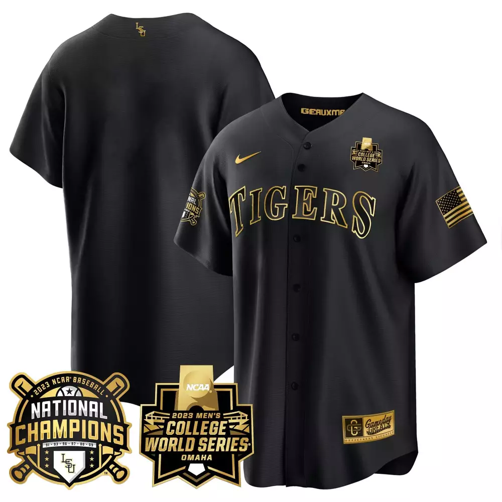 Lsu Jersey Black 2023 Men's College World Series National Champions Us Flag Men Gold