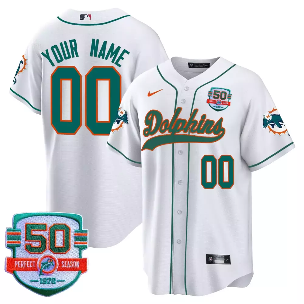 Custom Miami Dolphins Jersey White 50th Perfect Season 1972 Men Teal Orange All Stitched