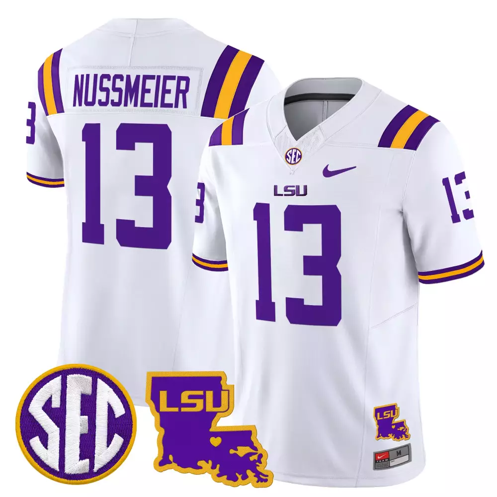 Nussmeier SEC 13 Lsu Jersey White Men Purple Gold Stitched