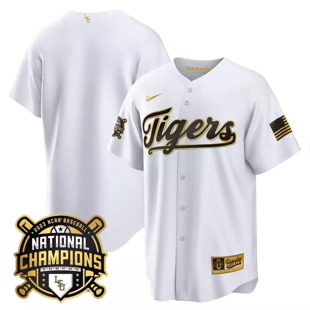 Lsu Tigers Jersey White 2023 National Champions Baseball American Flag Men Gold Black