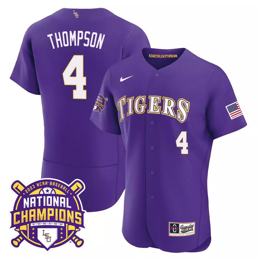Thompson 4 Lsu Tigers Jersey Purple National Champions 2023 Baseball Men Gold White
