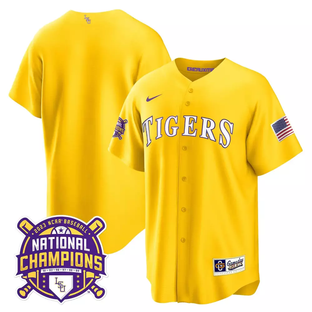 Lsu Tigers Jersey Yellow National Champions 2023 Baseball Men Purple White Cool v2