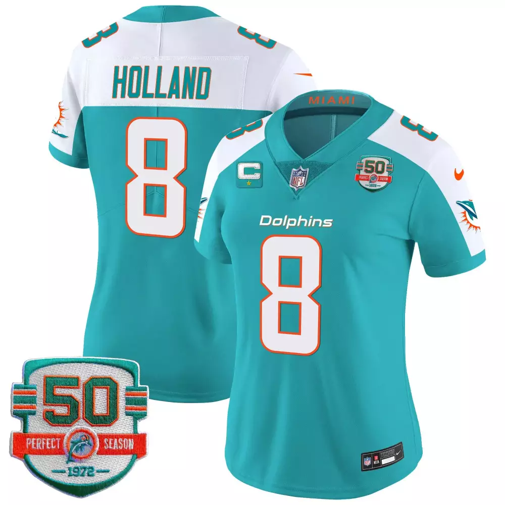 Jevon Holland 8 Dolphins Jersey Teal 50th Perfect Season 1972 Women NFL White Orange