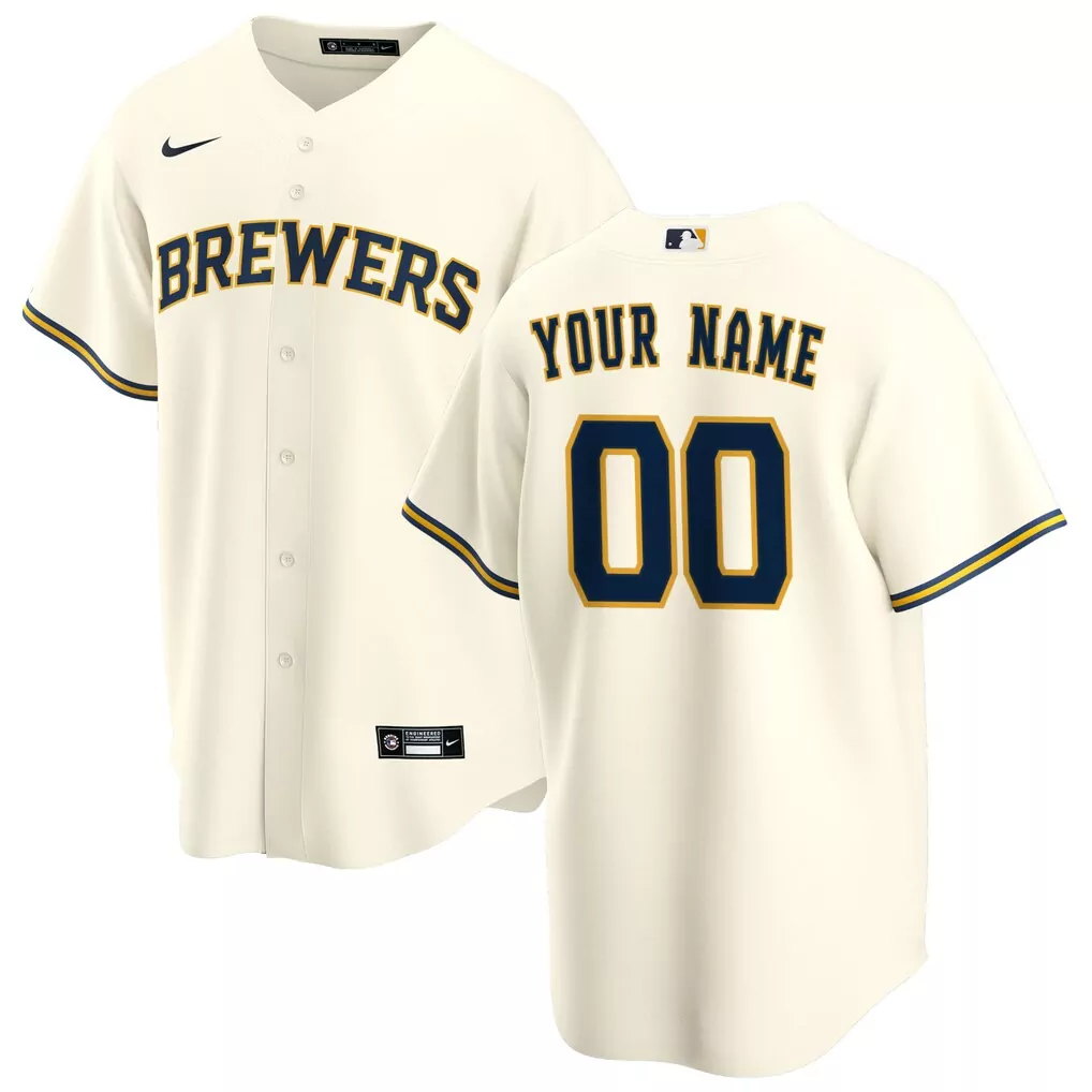 Custom Milwaukee Brewers Jersey Cream Men Authentic Alternate Navy Yellow Home Replica