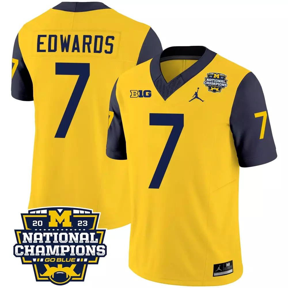 Donovan Edwards 7 Jersey Yellow Michigan Wolverines Big Ten 2023 National Champions Badge