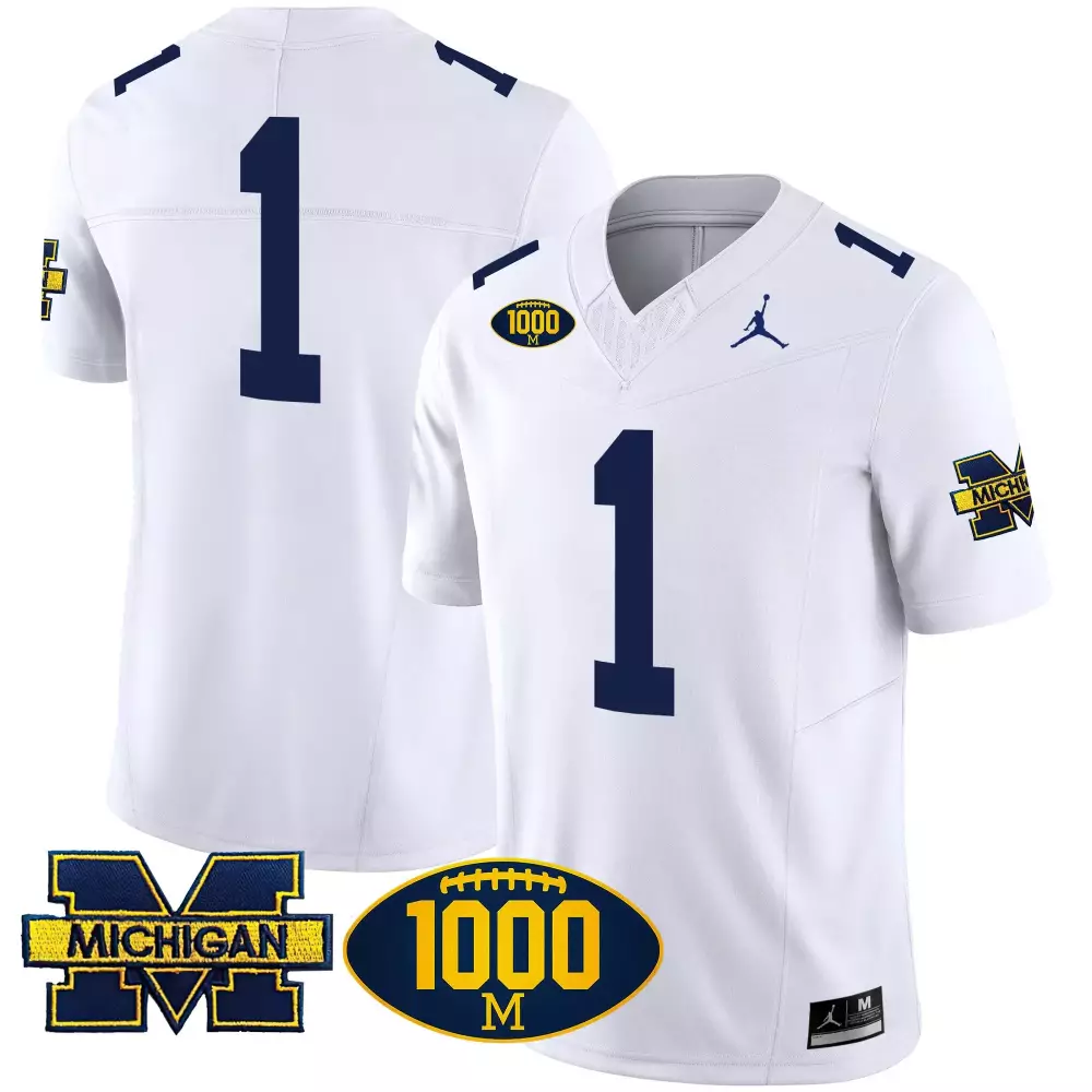 Michigan Wolverines 1 Jersey White 1000th Win 1000 Football Men Navy Blue Vapor All