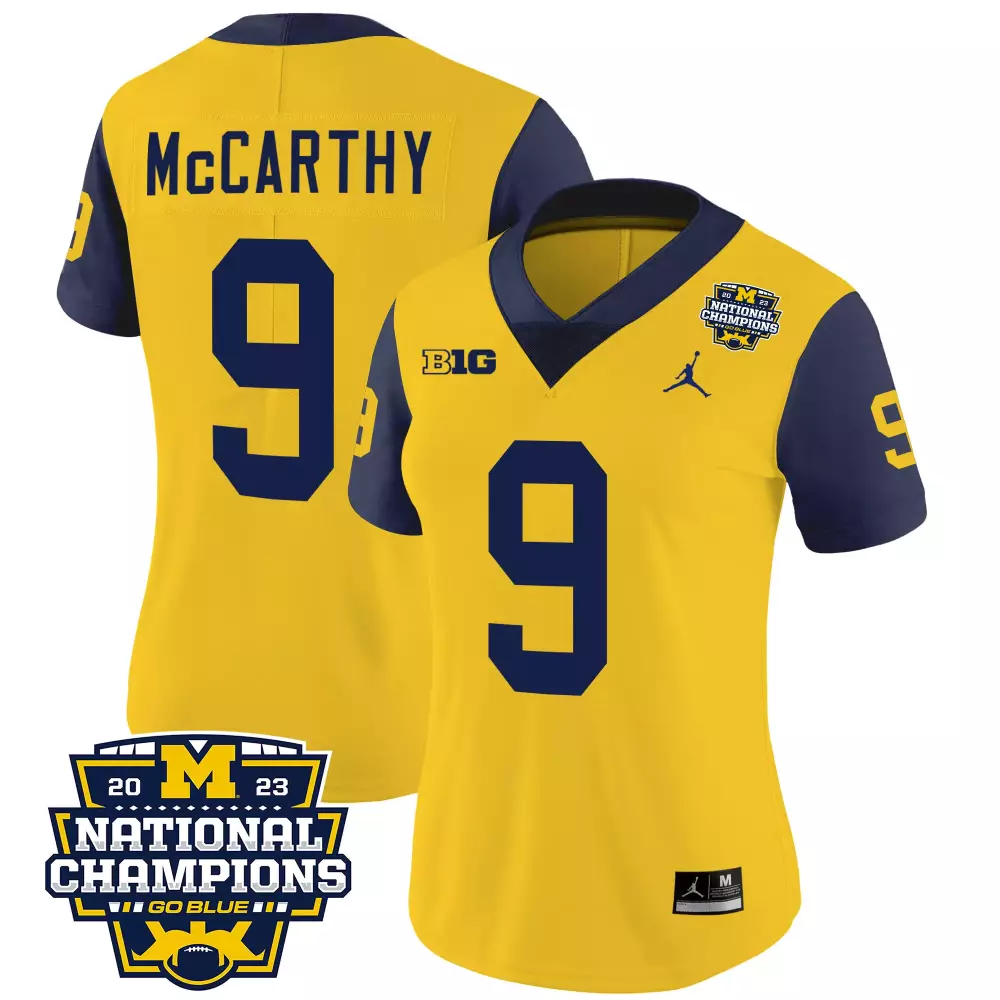 Jj Mccarthy 9 Michigan Wolverines Jersey Yellow 2023 National Champions Men Navy Blue