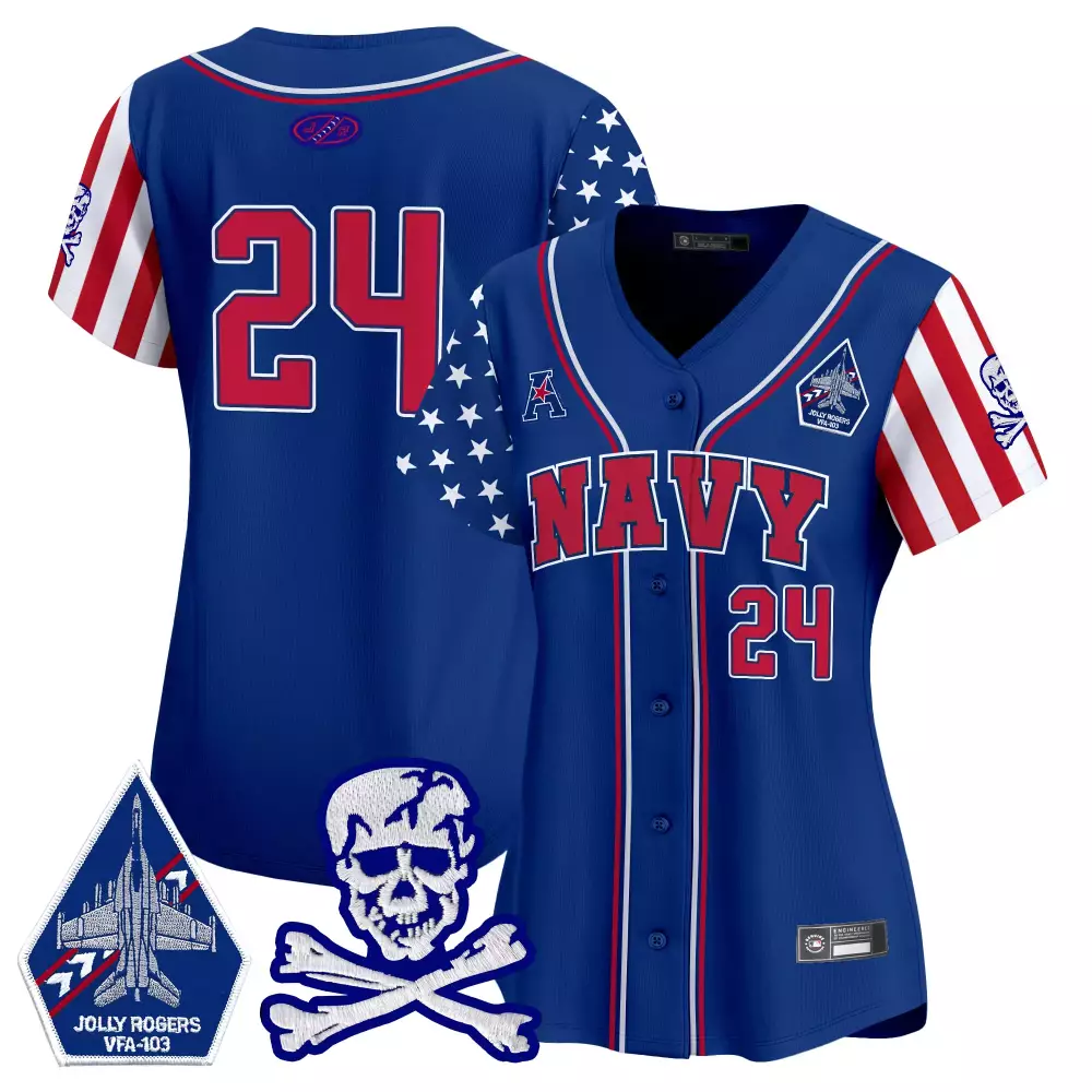 Custom Navy 24 Jersey Royal Blue Jolly Rogers VFA-103 Women Authentic Design White