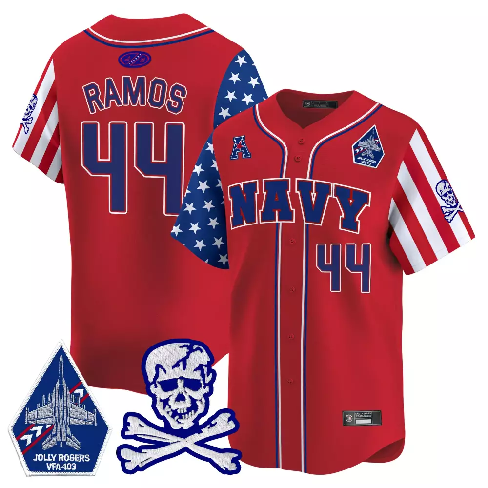 Ramos Midshipmen 44 Navy Jersey Red Jolly Rogers VFA-103 Men Authentic Custom Design