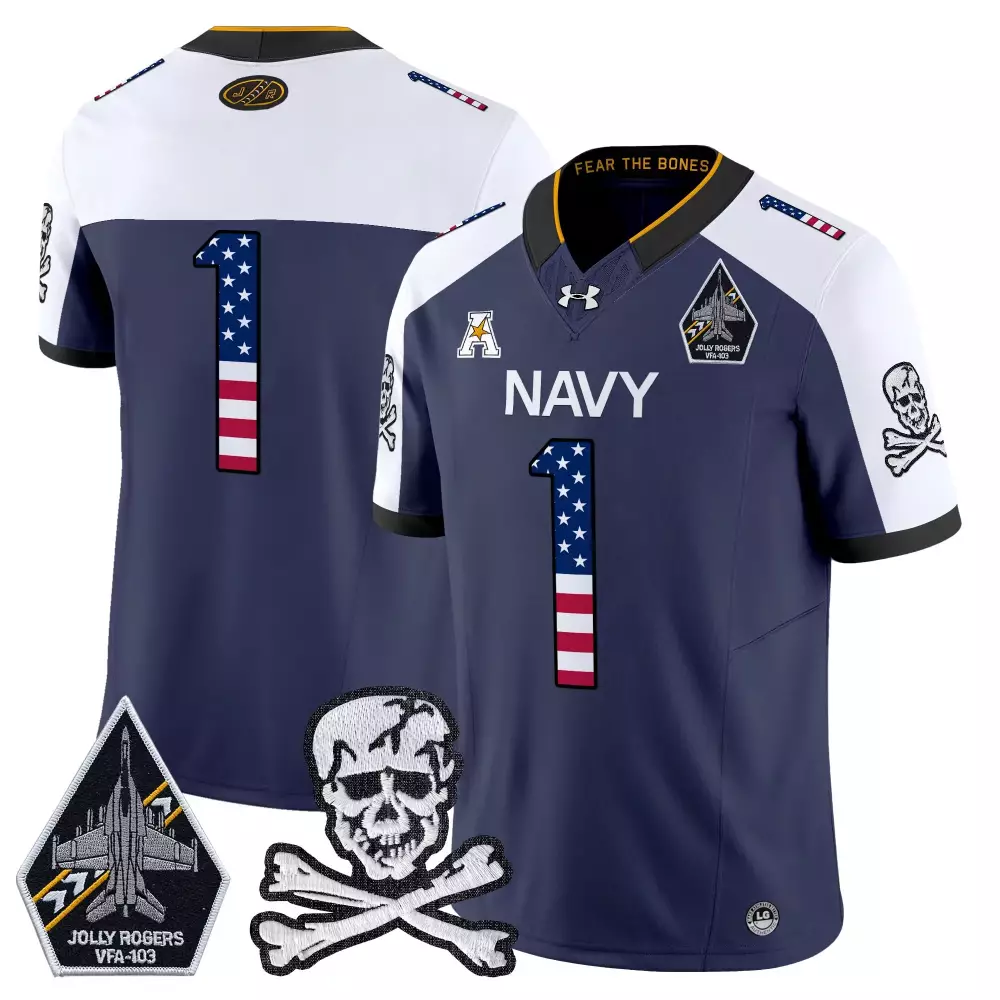 Custom Navy 1 Jersey Jolly Rogers VFA-103 Skull Crossbones Men Stitched Design White