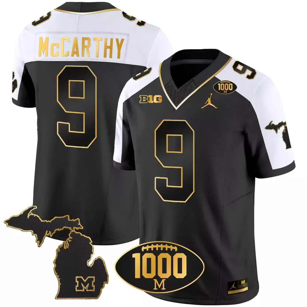 Jj Mccarthy 9 Michigan Wolverines Jersey Black 1000M Big Men White Gold Alternate