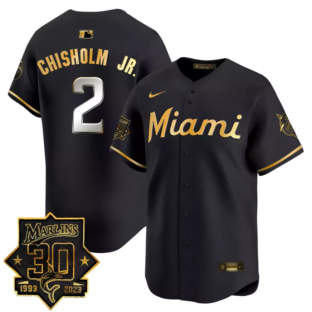 Chisholm Jr. 2 Marlins Jersey Black 30th Anniversary 1993-2023 Men Gold Vapor Premier