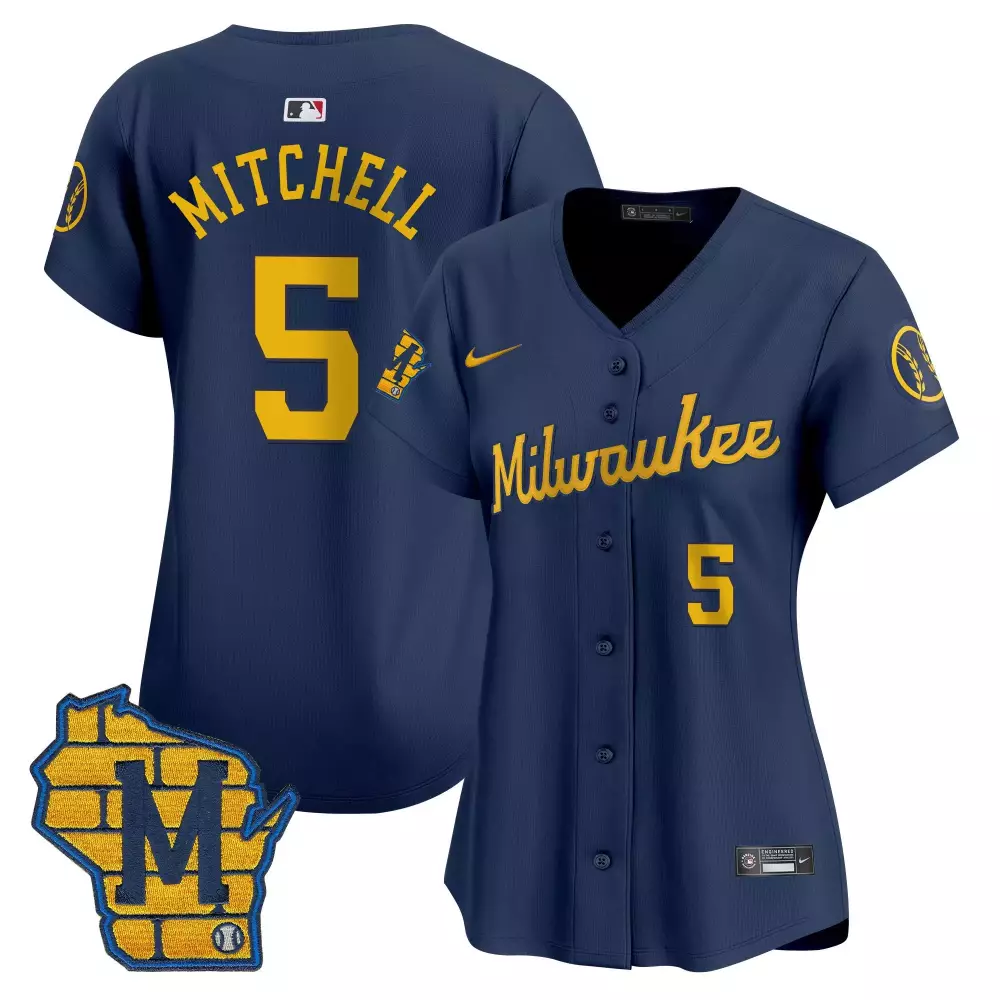 Garrett Mitchell 5 Jersey Navy Milwaukee Brewers Wisconsin Women Stitched Yellow