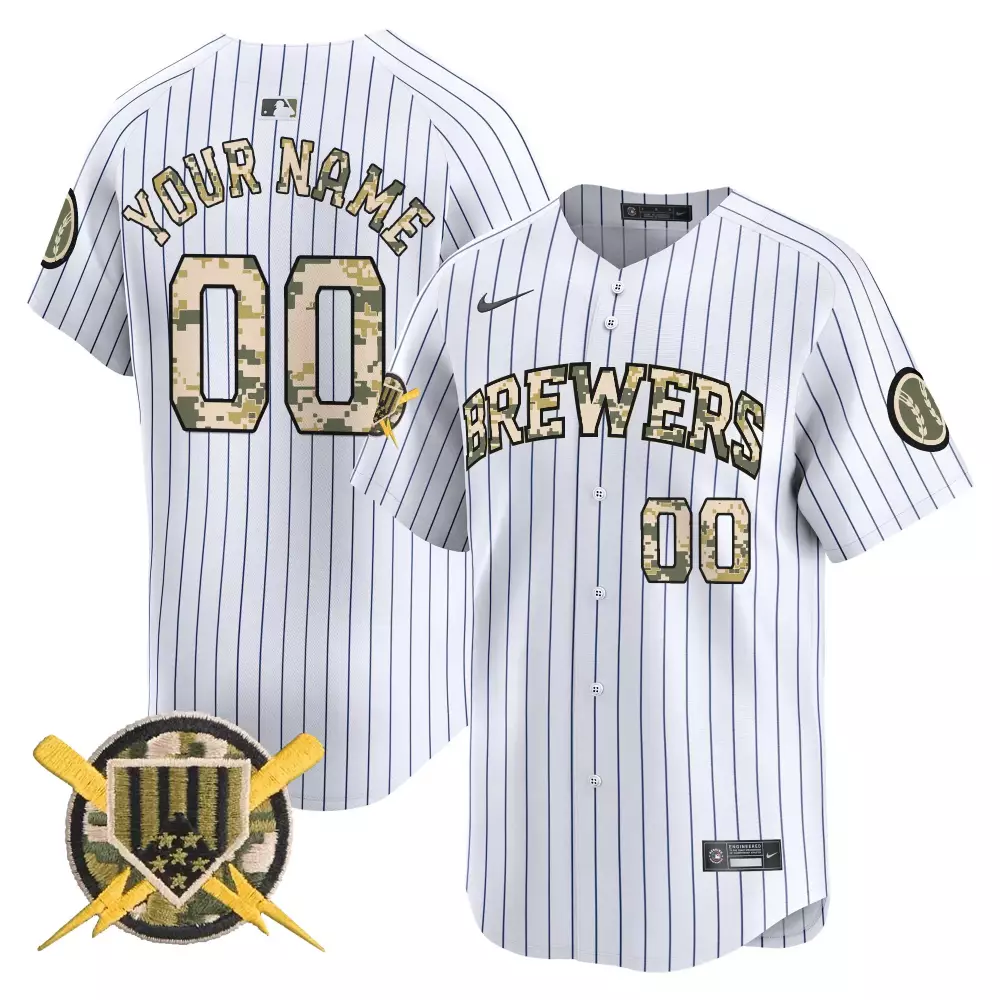Custom Milwaukee Brewers Jersey White Military Appreciation Men Authentic Navy Gold
