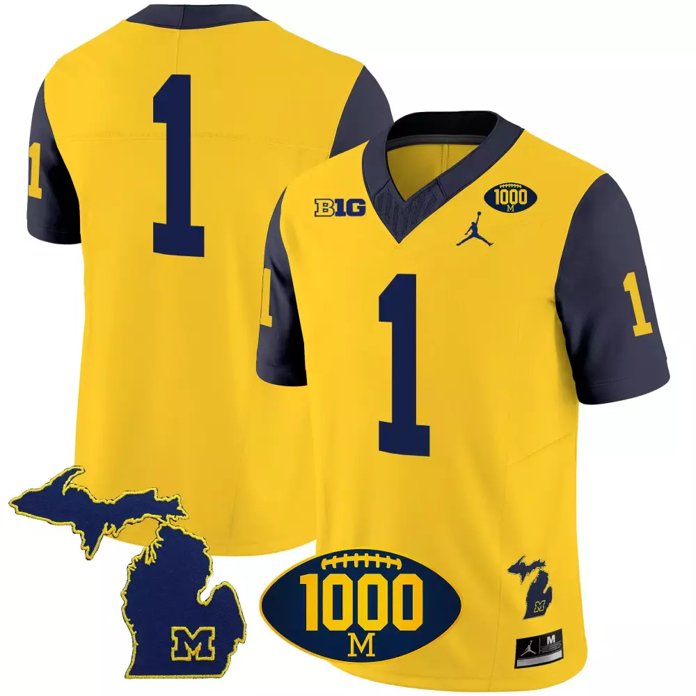Michigan Wolverines 1 Jersey Yellow 1000th Win Big Ten Jumpman Men Navy Blue Vapor