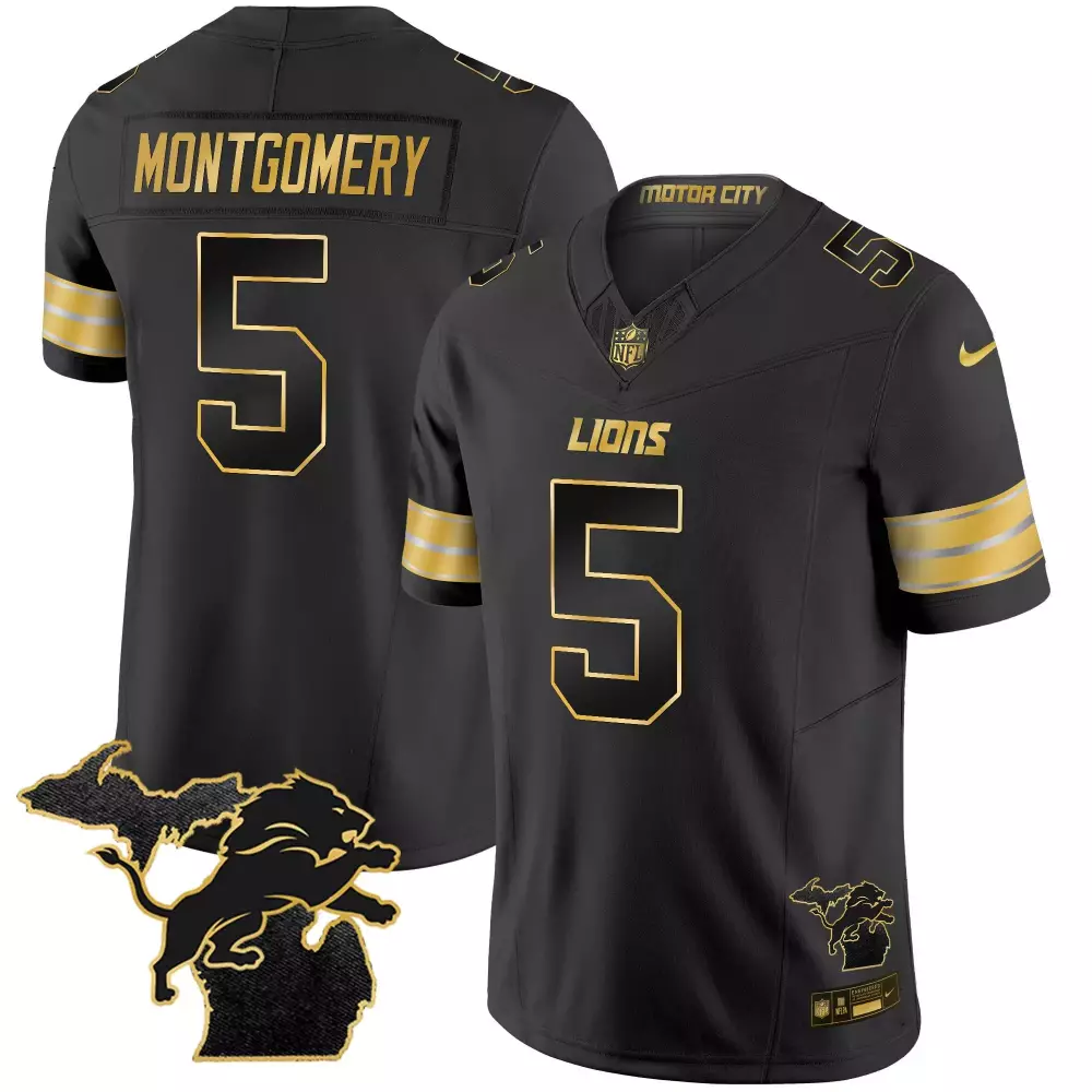 David Montgomery 5 Lions Jersey Black Motor City Michigan Outline Lion Men Gold Vapor