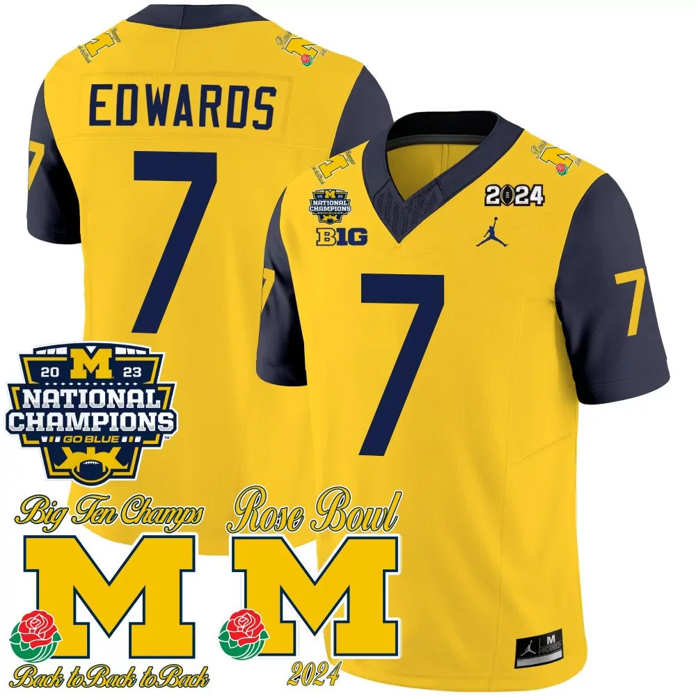 Donovan Edwards 7 Jersey Yellow 2024 Rose Bowl Michigan Wolverines 2023 National Champions Big Ten