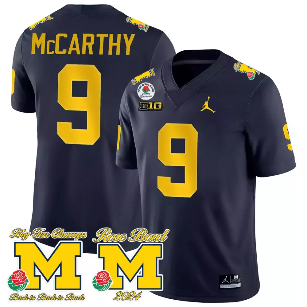 J Mccarthy 9 Michigan Wolverines Jersey Navy Blue Rose Bowl Champions Game Big Ten 2024