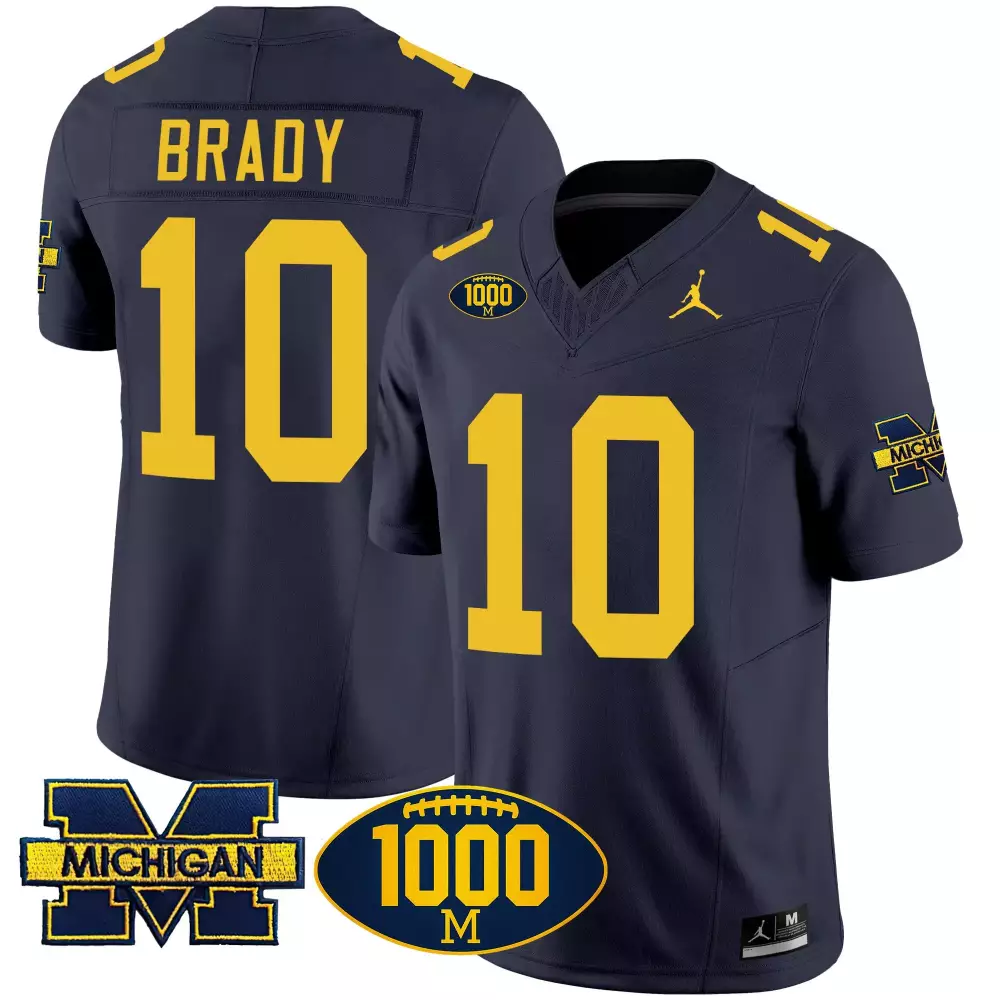 Tom Brady 10 Michigan Wolverines Jersey Navy Blue 1000M Men Stitched Yellow Vapor
