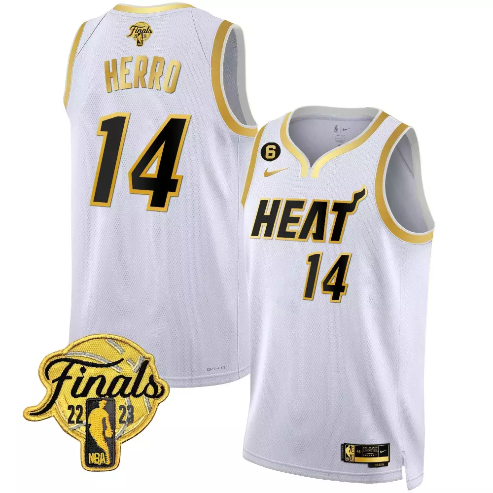 Tyler Herro 14 Heat Jersey White Finals 22-23 Men Official Black Gold Collection