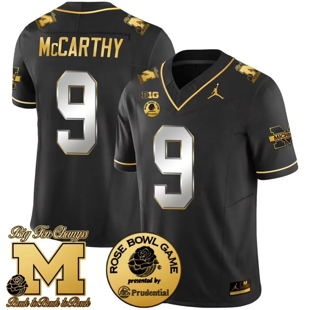 J Mccarthy 9 Michigan Wolverines Jersey Black Rose Bowl Game Big Ten Champs Men Gold