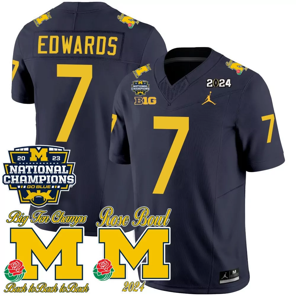 Donovan Edwards 7 Jersey Navy Blue 2023-2024 Championship Season Michigan Wolverines 2023 Big Ten Champions 2024 Rose Bowl