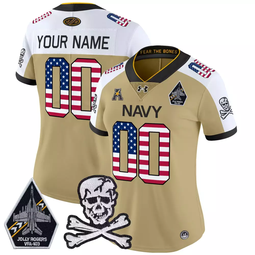 Custom Navy Jersey Tan Top Gun Jolly Rogers VFA-103 Skull Crossbones Women Stitched