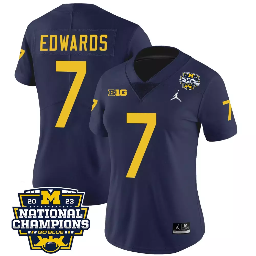 Donovan Edwards 7 Michigan Jersey Navy Big 2023 National Champions Men Yellow Vapor