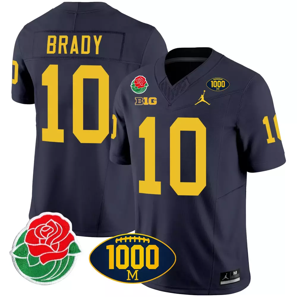 Tom Brady 10 Michigan Wolverines Jersey Navy Blue Rose Bowl Men Authentic Yellow