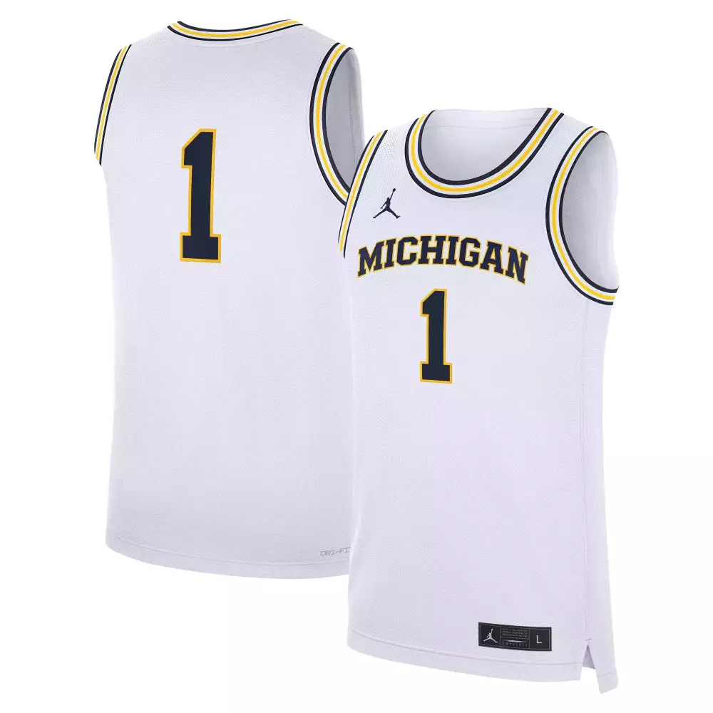 Custom Michigan 1 Jersey White Men Navy Yellow All Stitched Vapor
