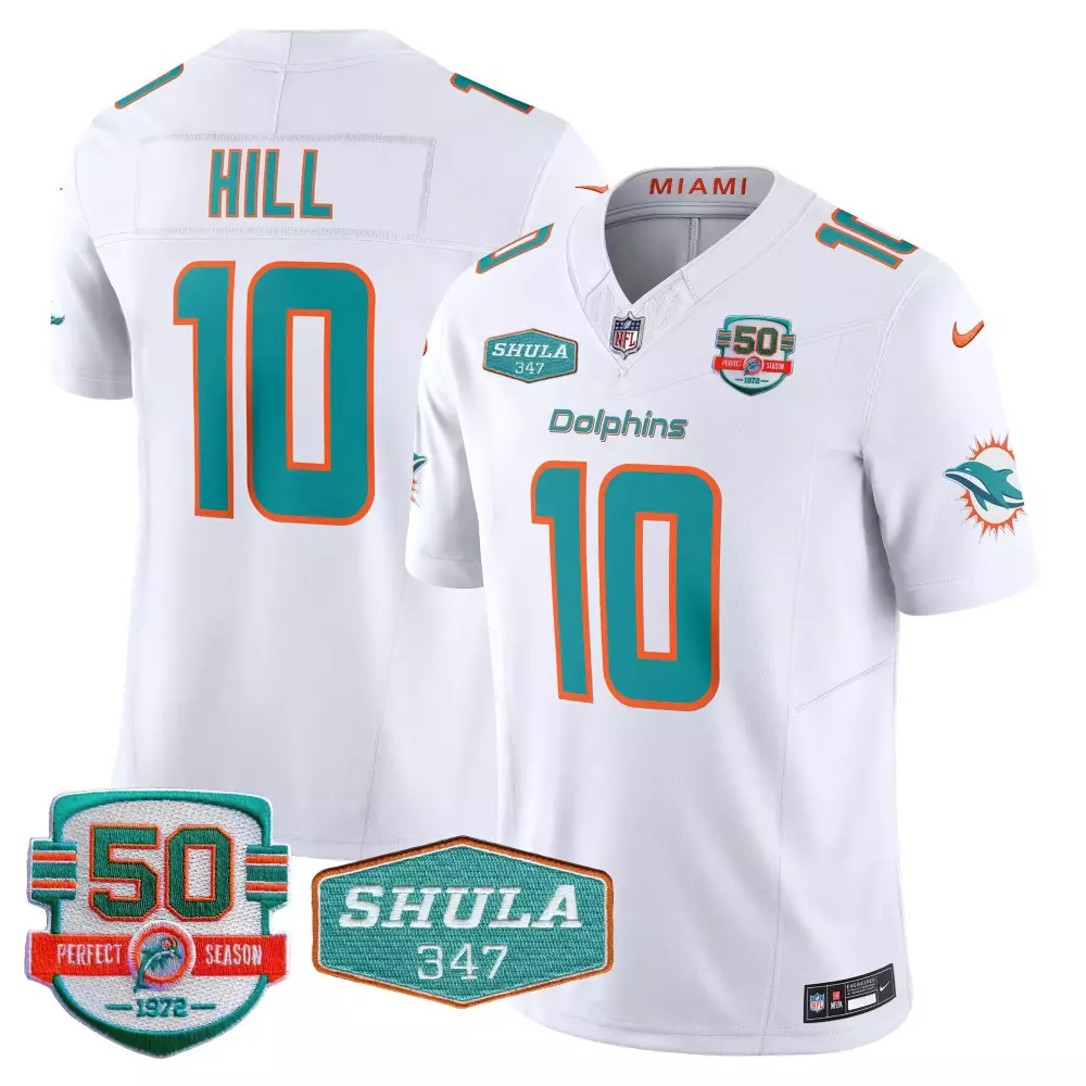 Tyreek Hill 10 Dolphins Jersey White 50th Anniversary 50 Perfect Season 1972 Shula 347