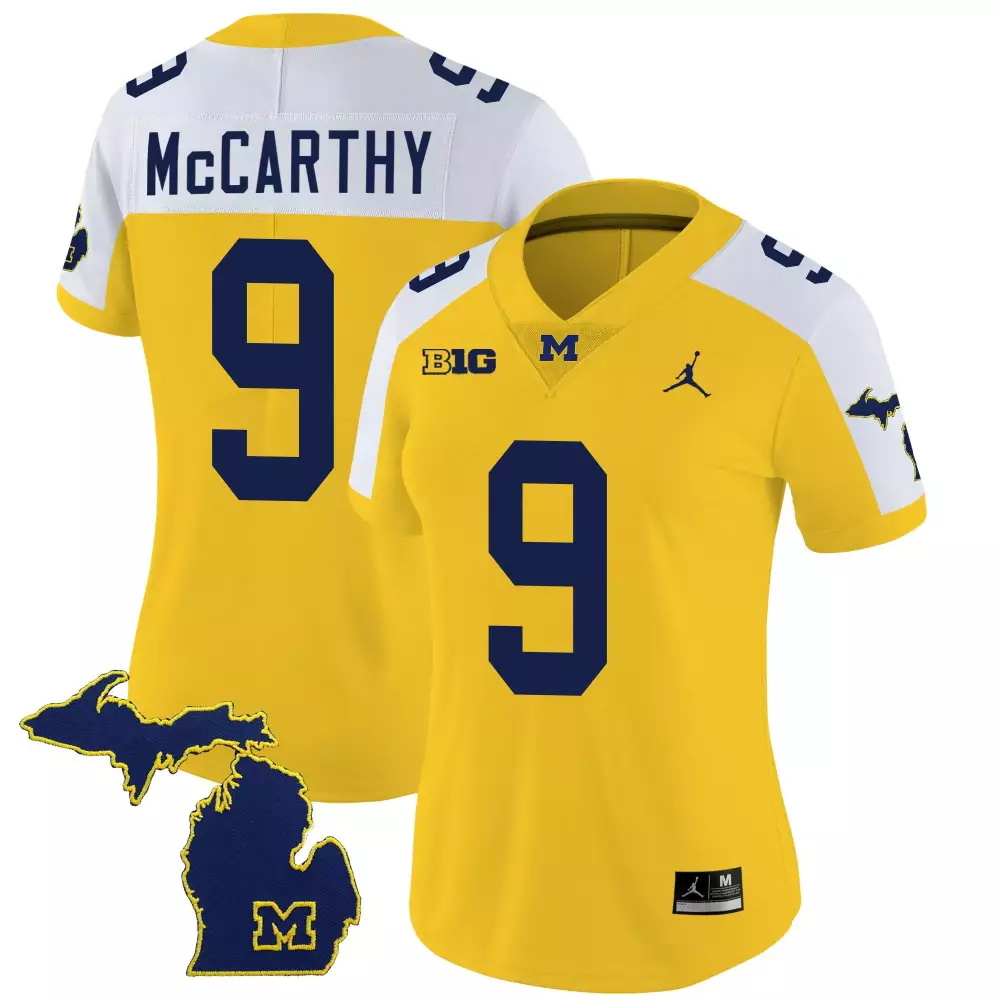 Jj Mccarthy 9 Michigan Jersey Yellow Men White Navy Blue Alternate v2 All Stitched