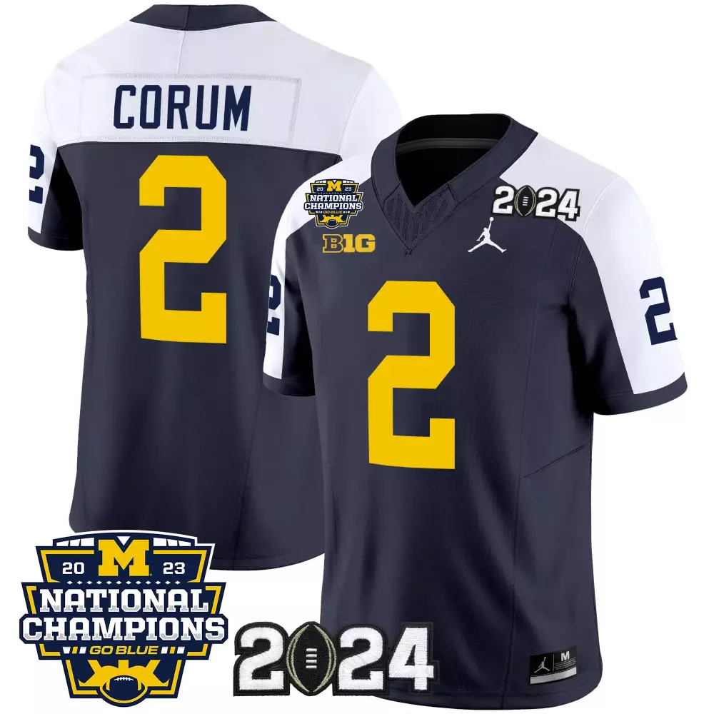 Blake Corum 2 Michigan Wolverines Jersey Navy Blue 2024 National Championship 2023 Champions Big Ten