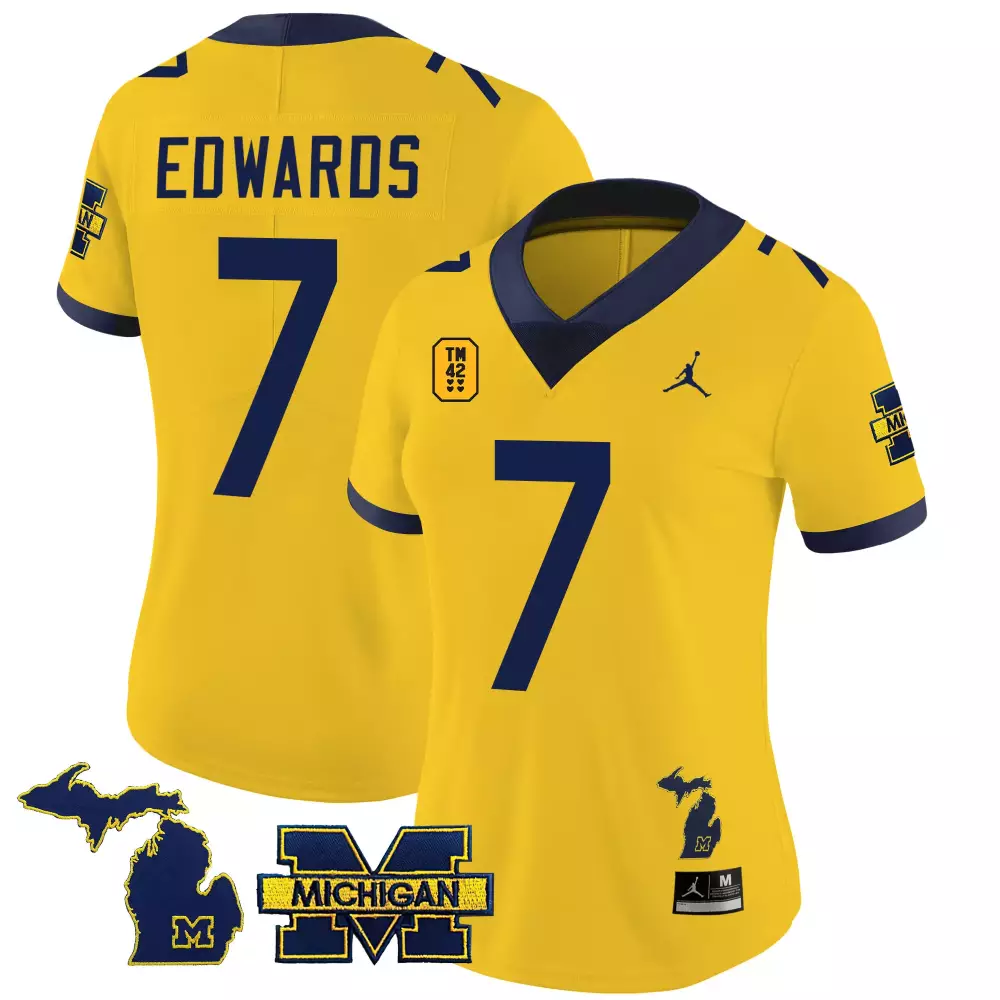 Donovan Edwards 7 Jersey Yellow Michigan Wolverines State Outline Women Navy Vapor