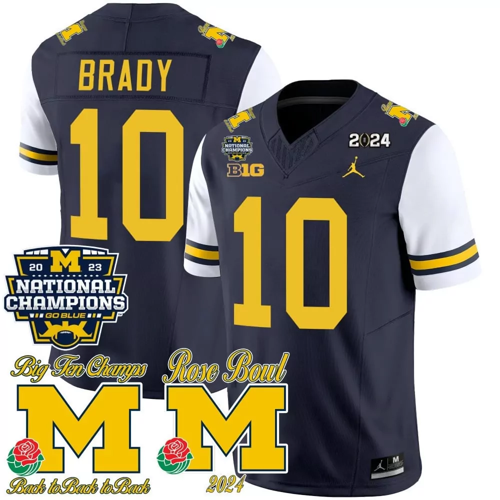 Tom Brady 10 Michigan Wolverines Jersey Navy Blue 2023-2024 Championship 2023 National Champions Big Ten 2024