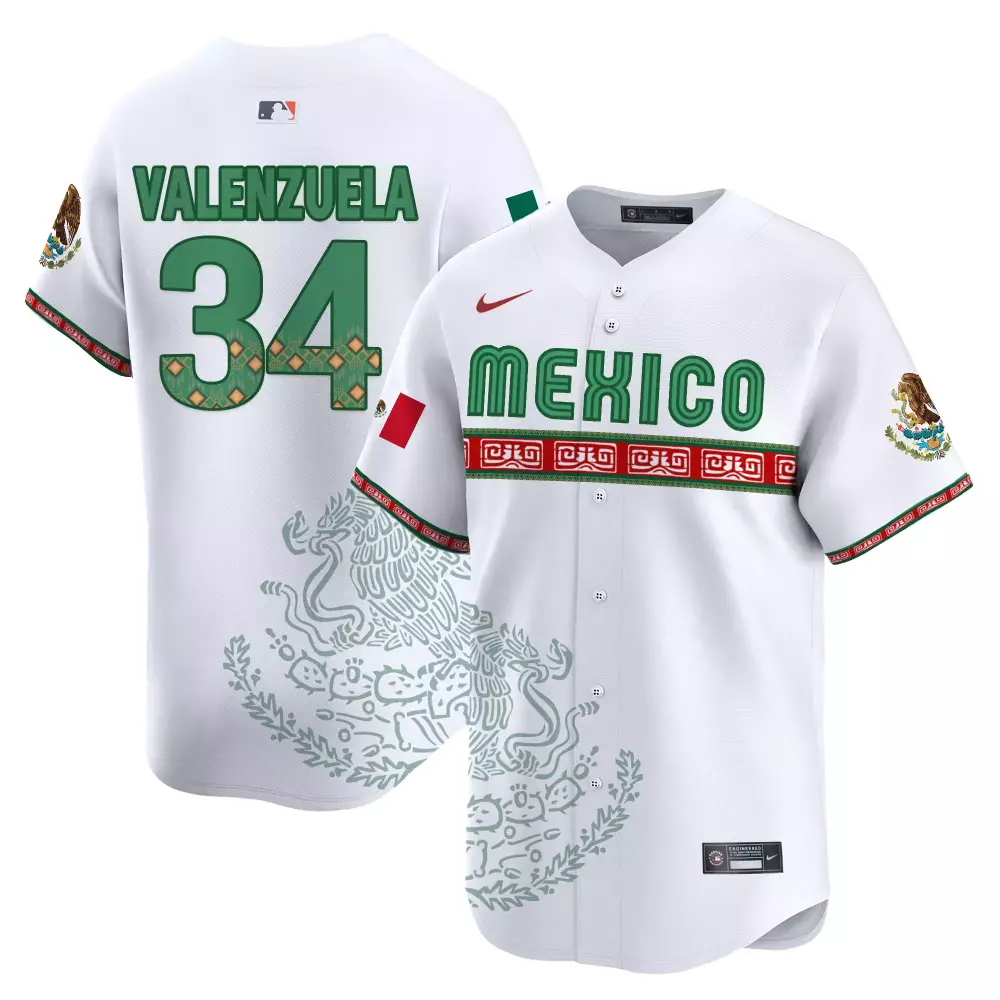 Valenzuela Mexico 34 Jersey White National Team Flag Coat Arms Split Design Green