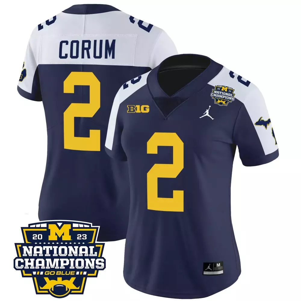 Blake Corum 2 Michigan Wolverines Jersey Navy Blue National Champions 2023 Big Men
