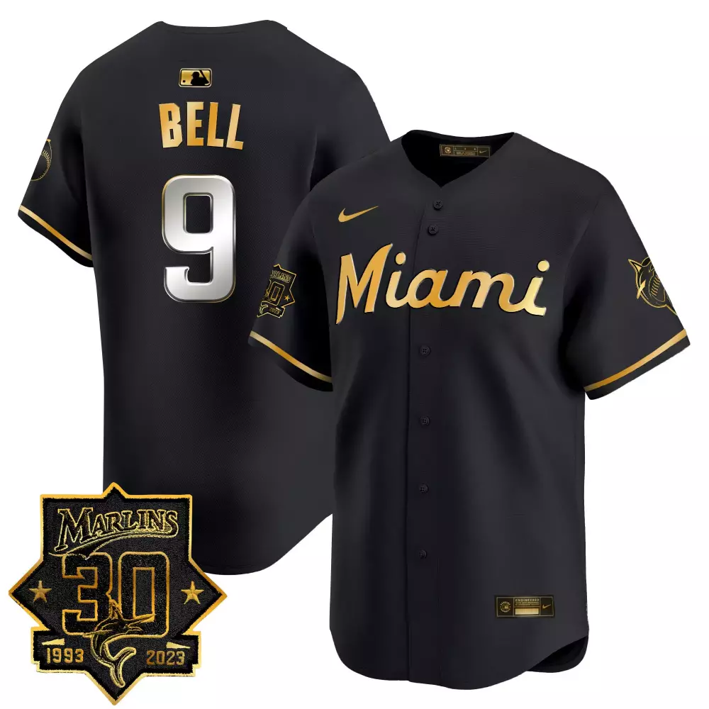 Josh Bell 9 Marlins Jersey Black 30th Anniversary 1993-2023 Men Gold Vapor Premier