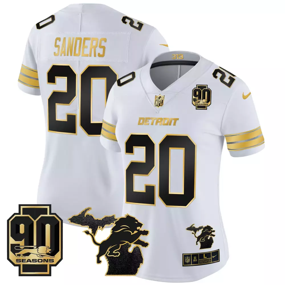 Barry Sanders 20 Detroit Lions Jersey White 90th Season 90 Seasons Men Alternate