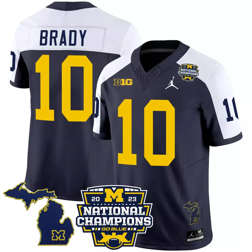 Tom Brady 10 Michigan Wolverines Jersey Navy Blue National Champions 2023 Men Authentic