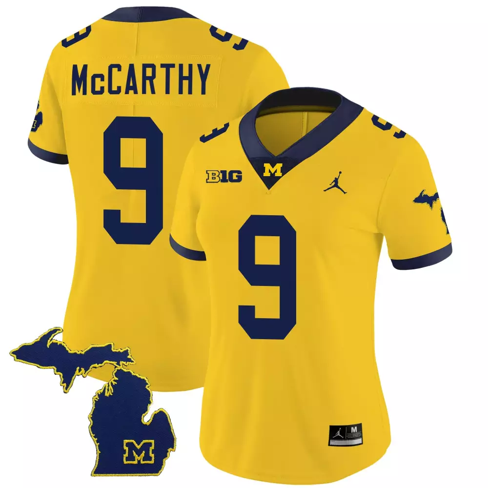 Jj Mccarthy 9 Michigan Wolverines Jersey Yellow State Outline Big Ten Women Navy Blue