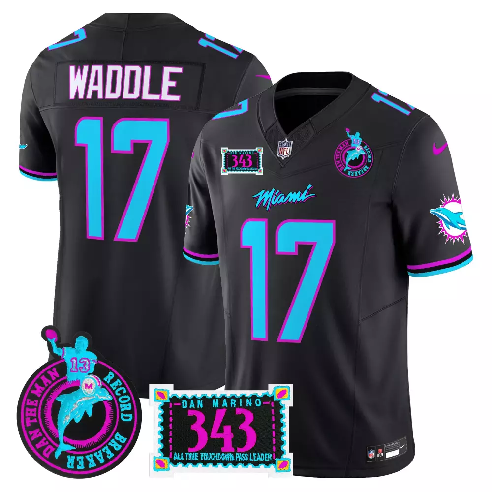 Jaylen Waddle 17 Miami Dolphins Jersey Black Aqua-orange Mix Dan Man Record Breaker